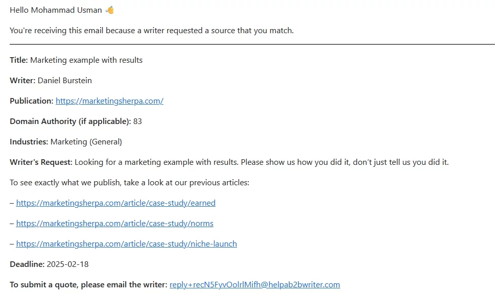 an example email from help a b2b reporter