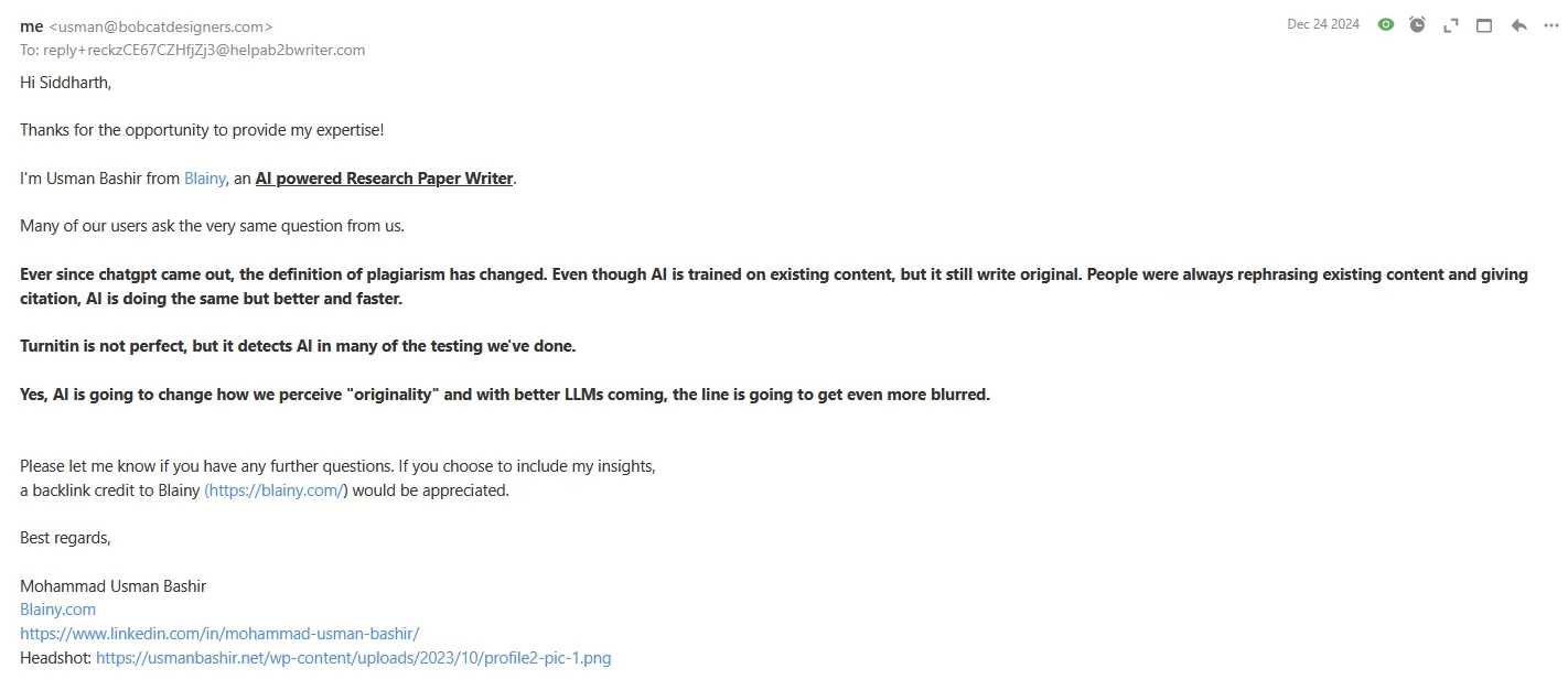 an example email reply to a journalist