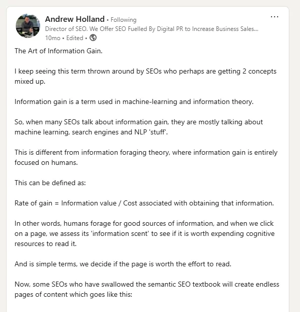 LinkedIn post by Andrew Holland on SEO Gain